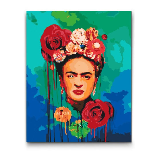 FRIDA KAHLO MED BLOMMOR - med dubbelfärg, ram och snabb och fri leverans - måla efter nummer